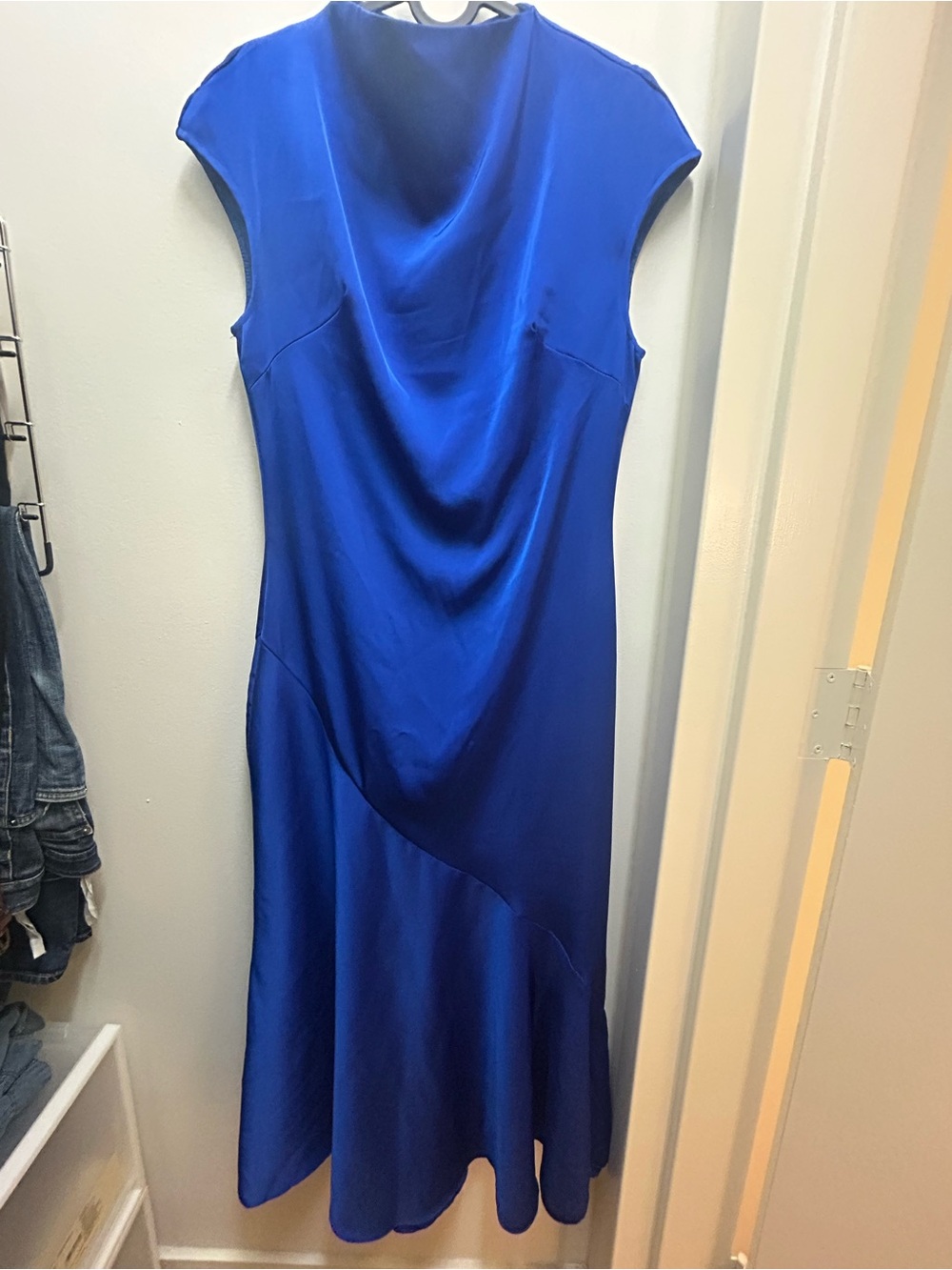 Cobalt Blue Mock Neck Satin Midi Dress